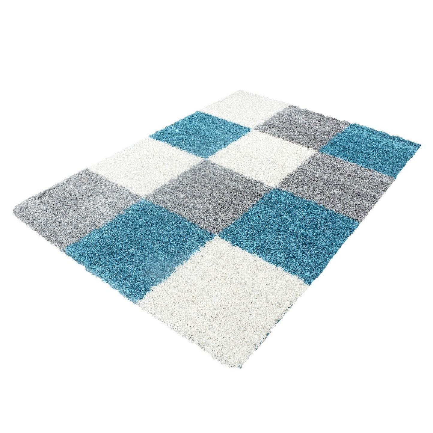 Hochflor Langflor Wohnzimmer Shaggy Teppich kariert Türkis Weiss Grau
