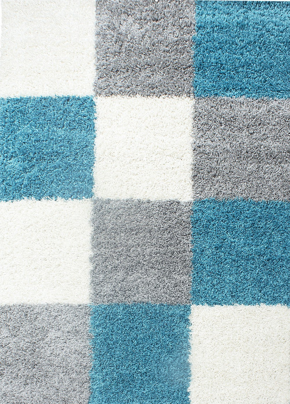 Hochflor Langflor Wohnzimmer Shaggy Teppich kariert Türkis Weiss Grau