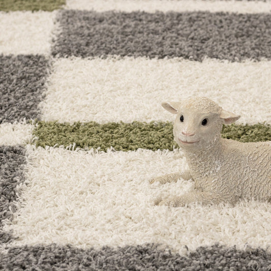 Hochflor Langflor Wohnzimmer Shaggy Teppich Florhöhe 3cm Grau-Weiss-Grün