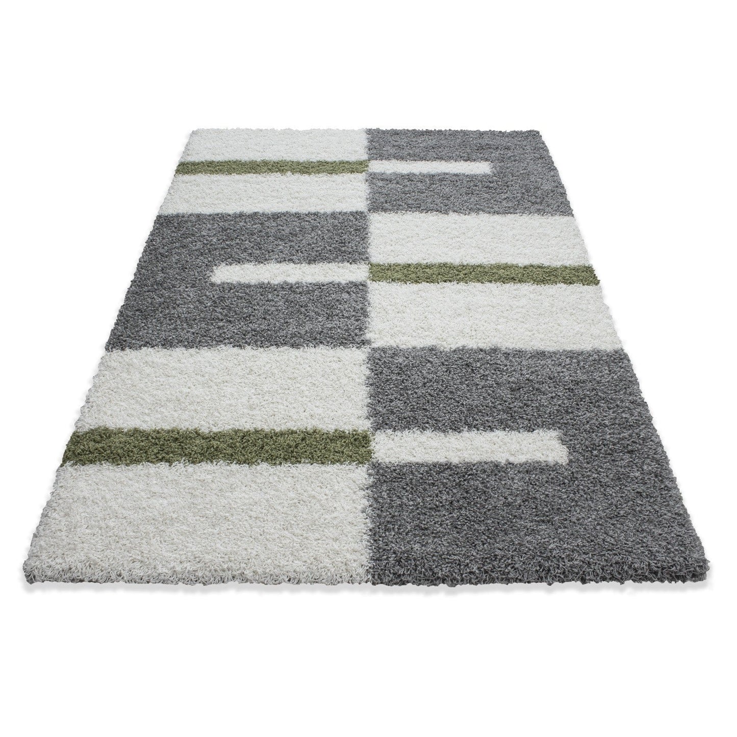 Hochflor Langflor Wohnzimmer Shaggy Teppich Florhöhe 3cm Grau-Weiss-Grün