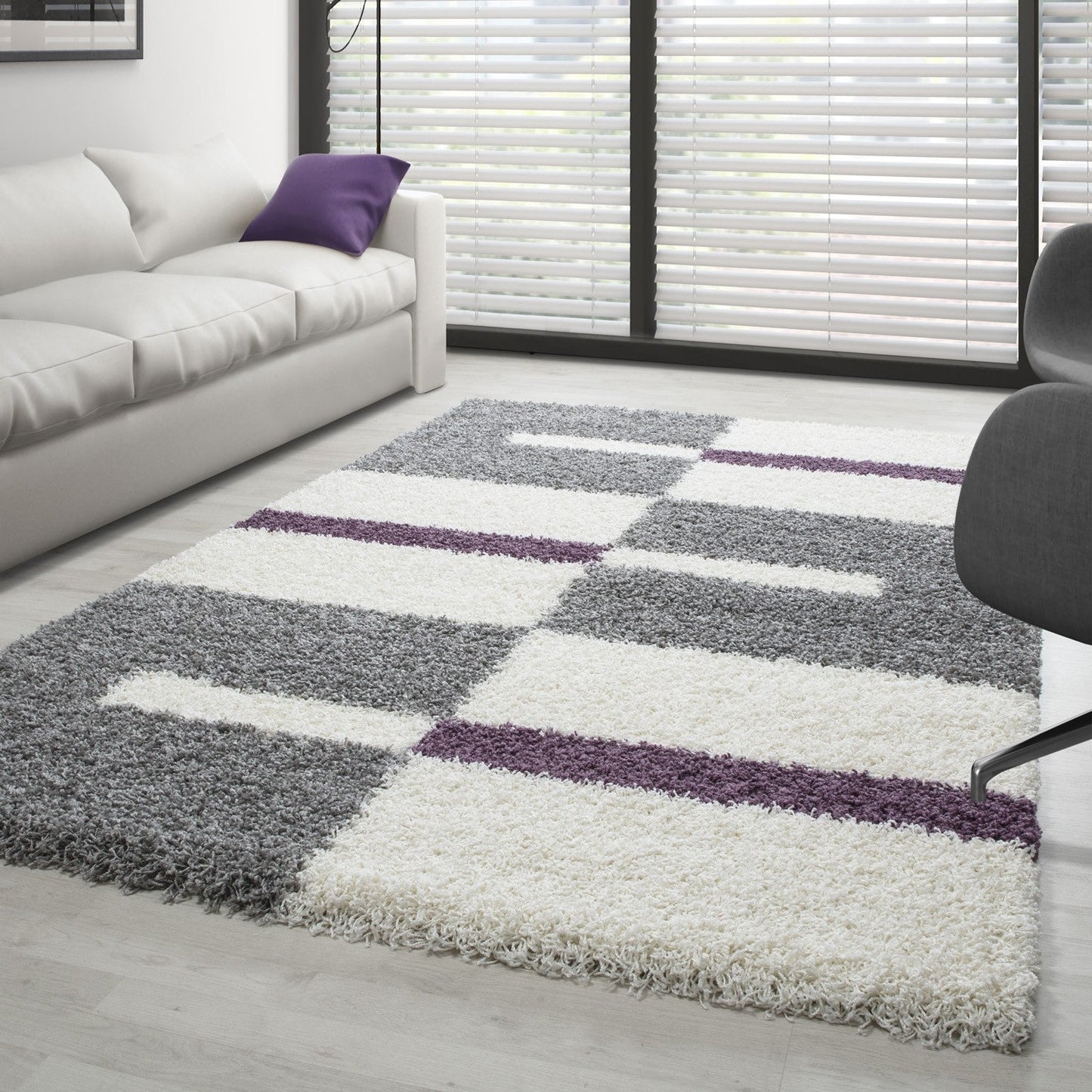 Hochflor Langflor Wohnzimmer Shaggy Teppich Florhöhe 3cm Grau-Weiss-Lila