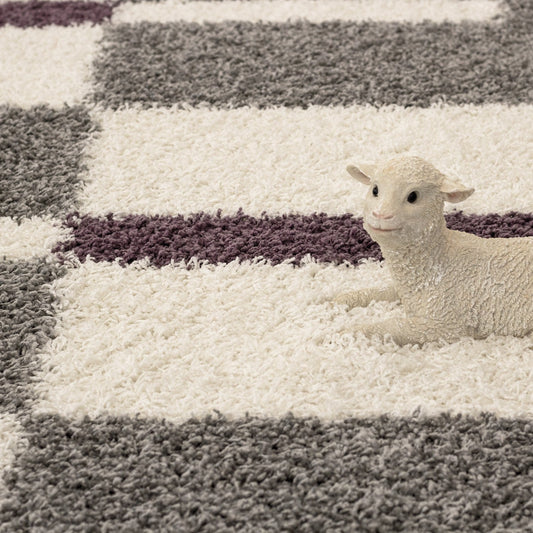 Hochflor Langflor Wohnzimmer Shaggy Teppich Florhöhe 3cm Grau-Weiss-Lila
