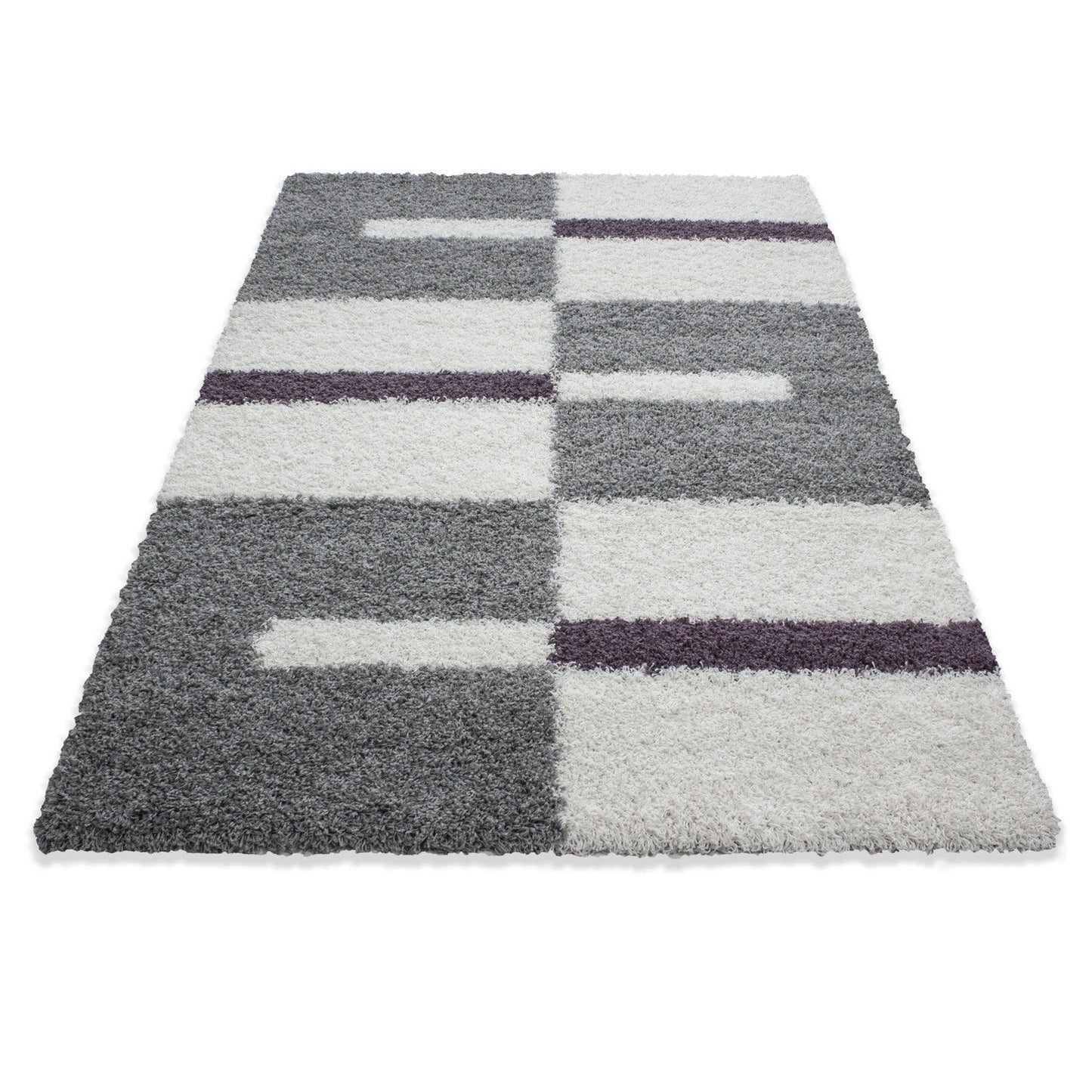 Hochflor Langflor Wohnzimmer Shaggy Teppich Florhöhe 3cm Grau-Weiss-Lila