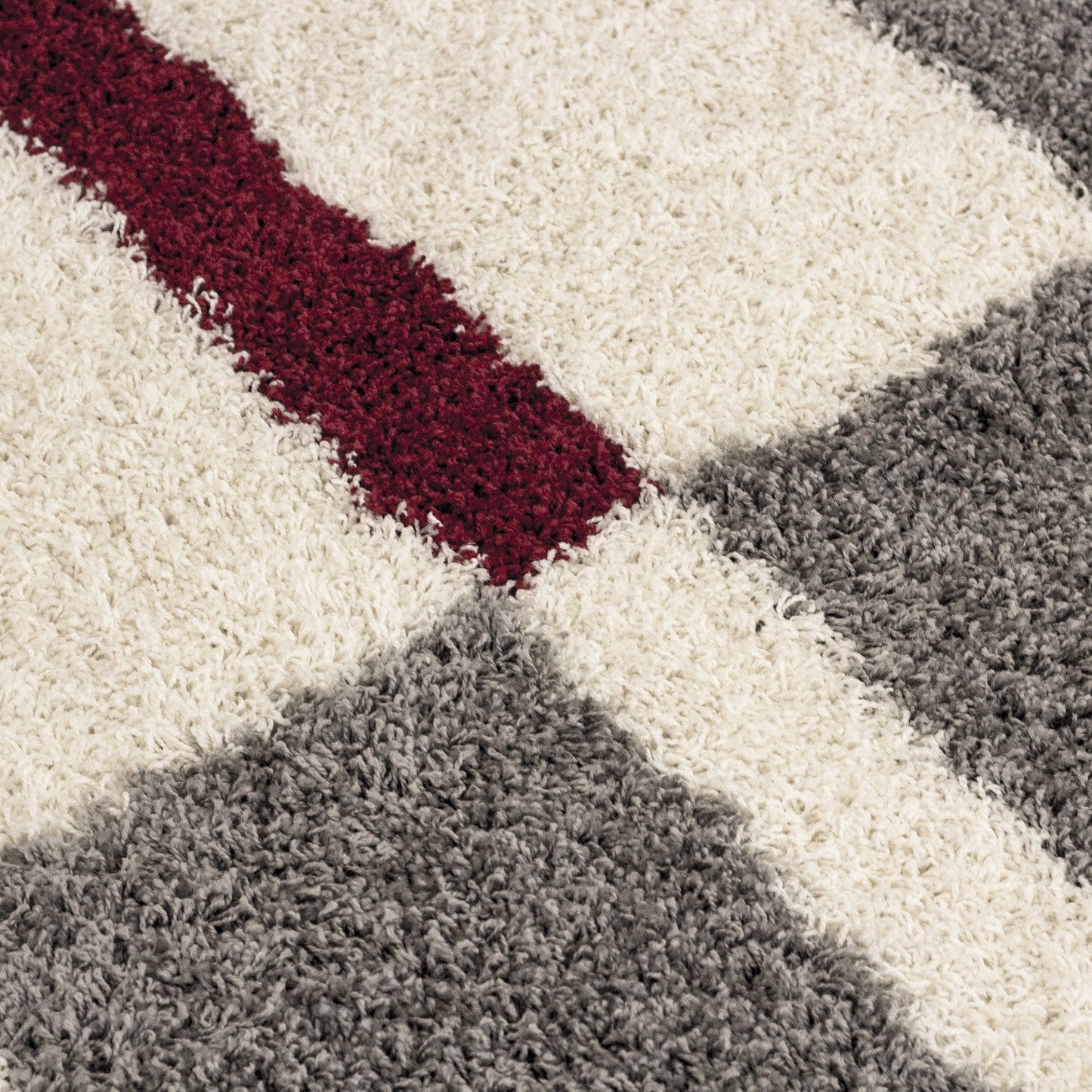 Hochflor Langflor Wohnzimmer Shaggy Teppich Florhöhe 3cm Grau-Weiss-Rot