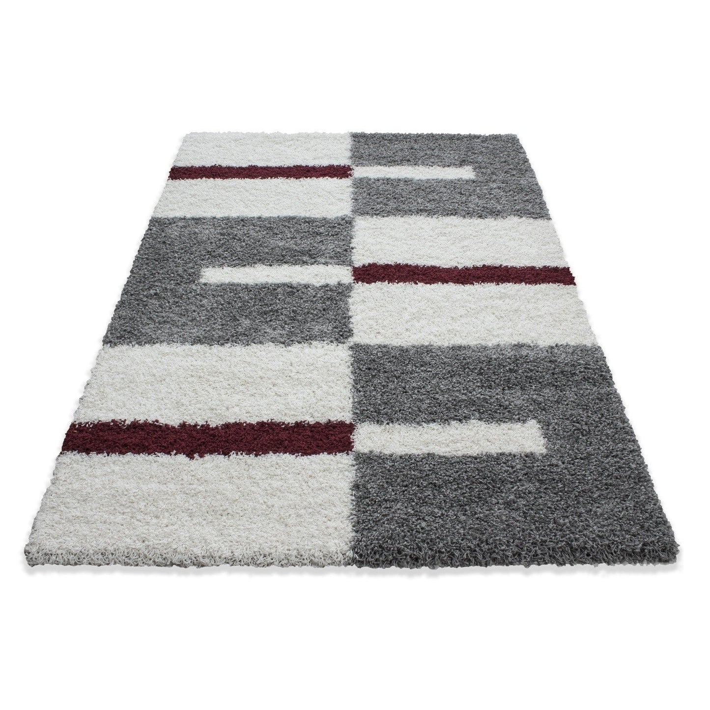 Hochflor Langflor Wohnzimmer Shaggy Teppich Florhöhe 3cm Grau-Weiss-Rot