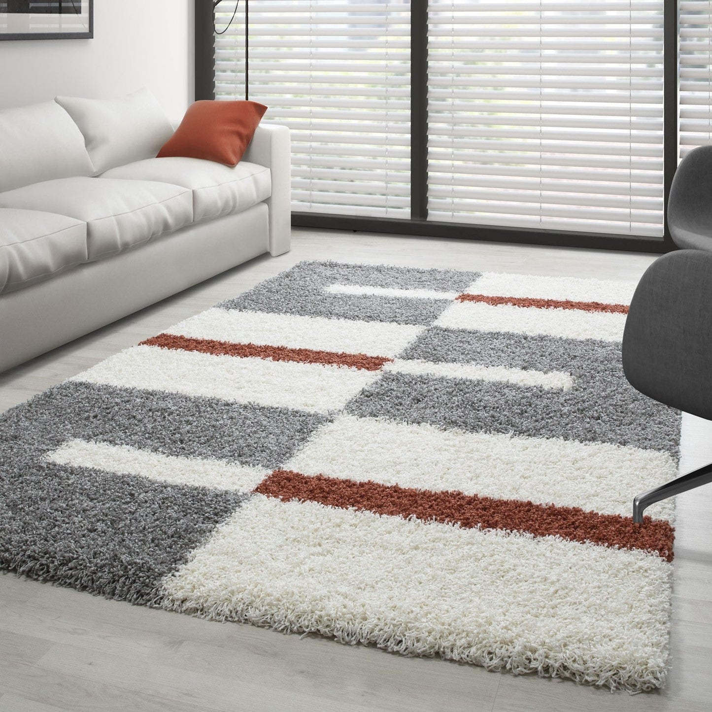 Hochflor Langflor Wohnzimmer Shaggy Teppich Florhöhe 3cm Grau-Weiss-Terrakotta