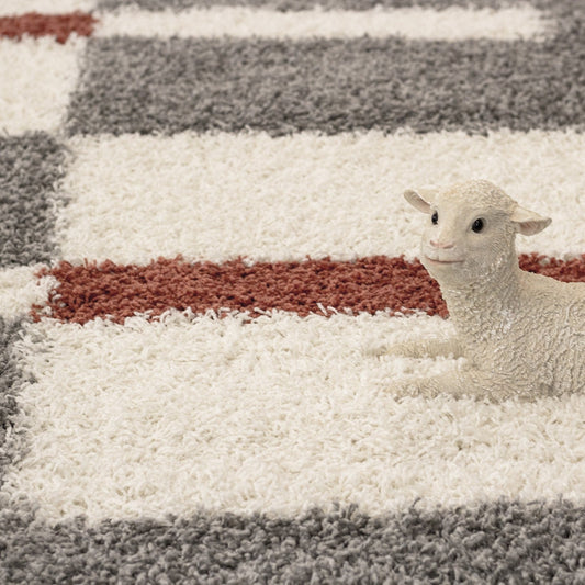 Hochflor Langflor Wohnzimmer Shaggy Teppich Florhöhe 3cm Grau-Weiss-Terrakotta