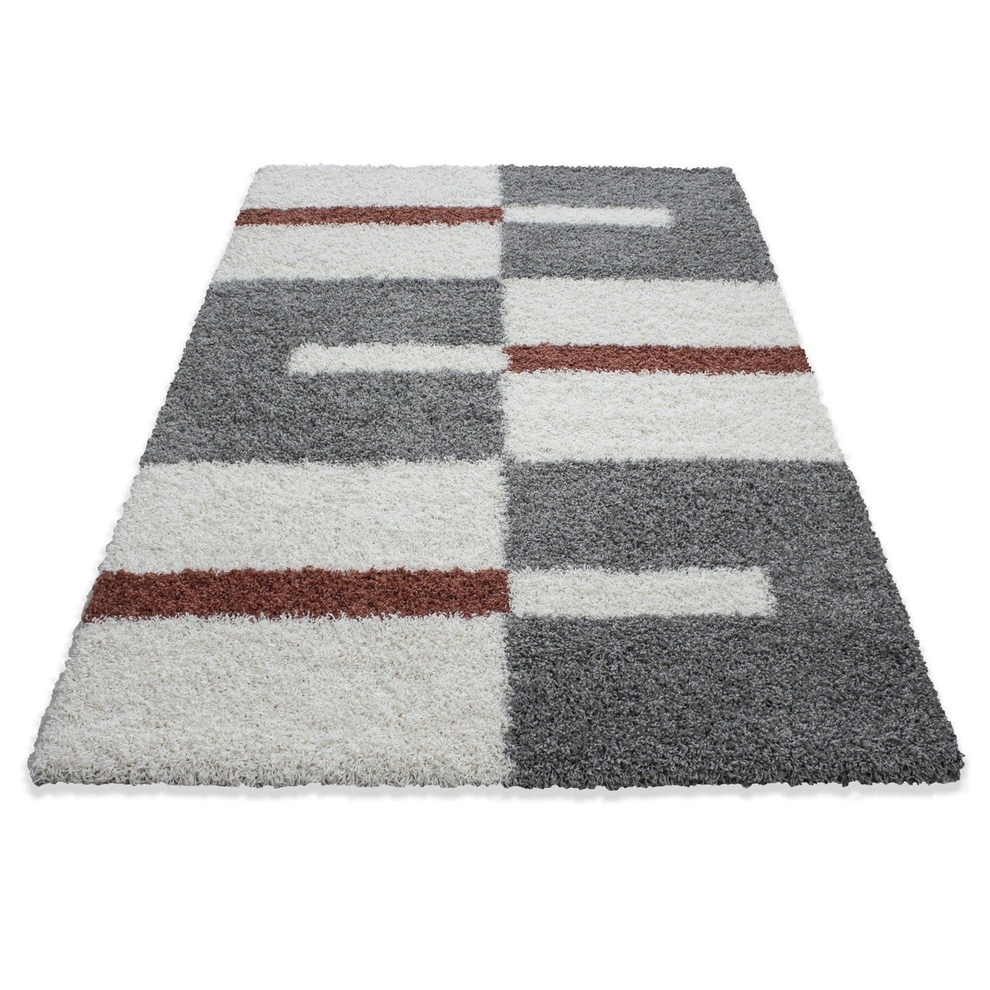 Hochflor Langflor Wohnzimmer Shaggy Teppich Florhöhe 3cm Grau-Weiss-Terrakotta