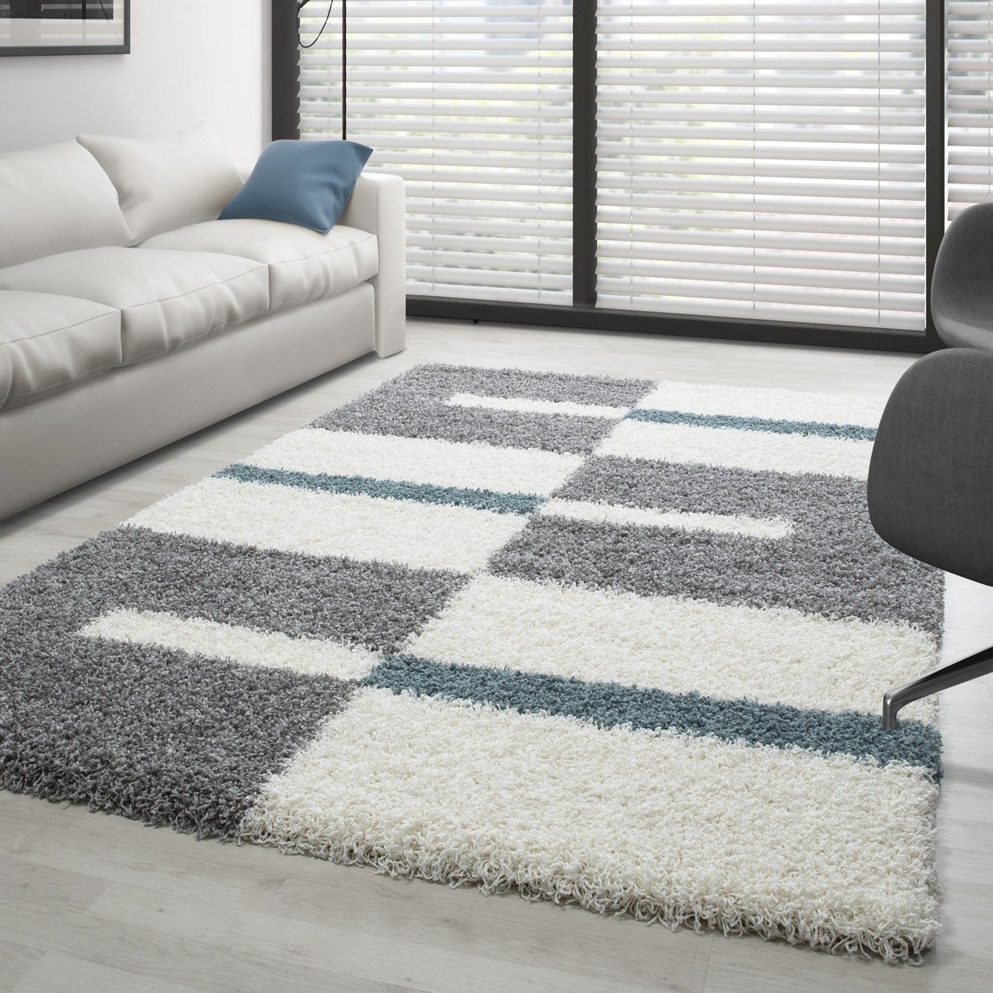Hochflor Langflor Wohnzimmer Shaggy Teppich Florhöhe 3cm Grau-Weiss-Türkis