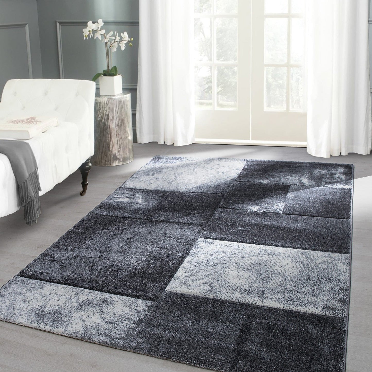 Designer Teppich Modern Kariert Muster Konturenschnitt Schwarz Grau Weiß