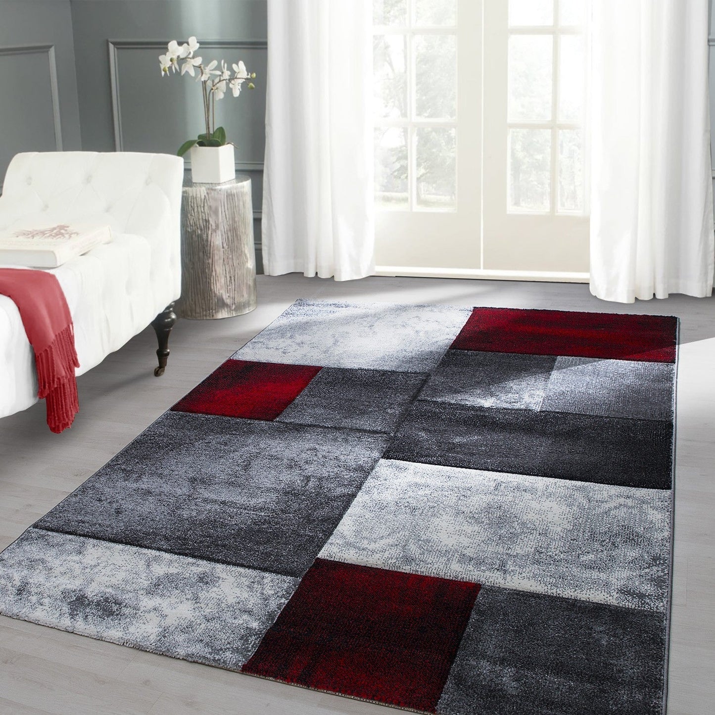 Designer Teppich Modern Kariert Muster Konturenschnitt Schwarz Grau Rot