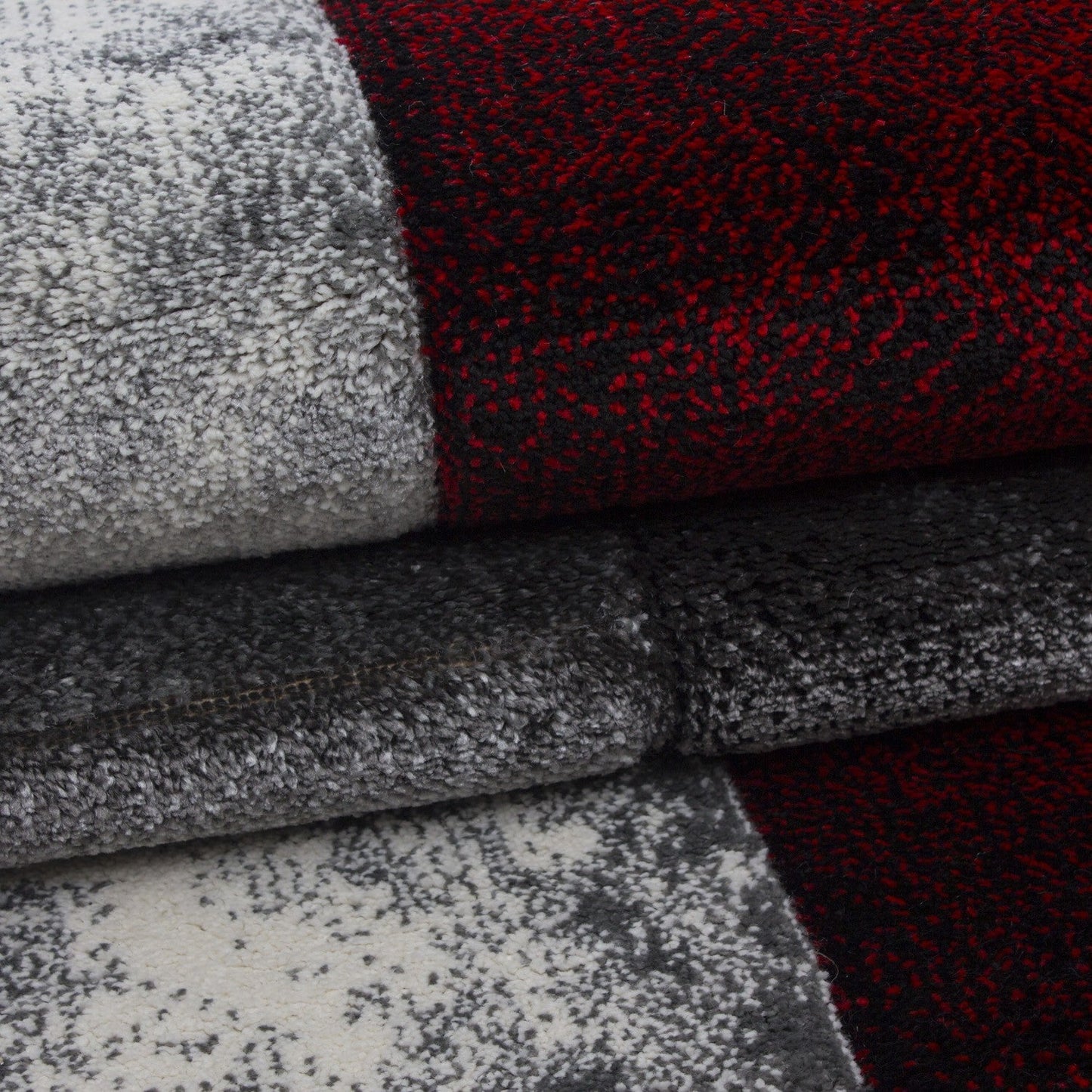 Designer Teppich Modern Kariert Muster Konturenschnitt Schwarz Grau Rot