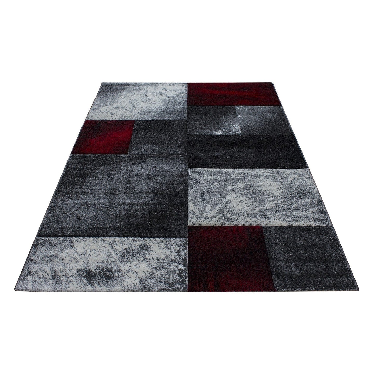 Designer Teppich Modern Kariert Muster Konturenschnitt Schwarz Grau Rot