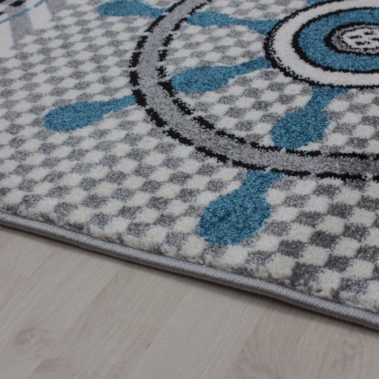 Kinderteppich Kinderzimmer Pirat Muster Kurzflor Pflegeleicht Grau Blau Weiss