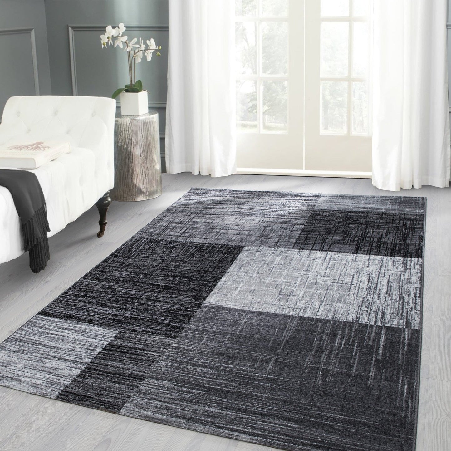 Designer Teppich Modern Kariert Muster Kurzflor Meliert Schwarz Grau Weiss
