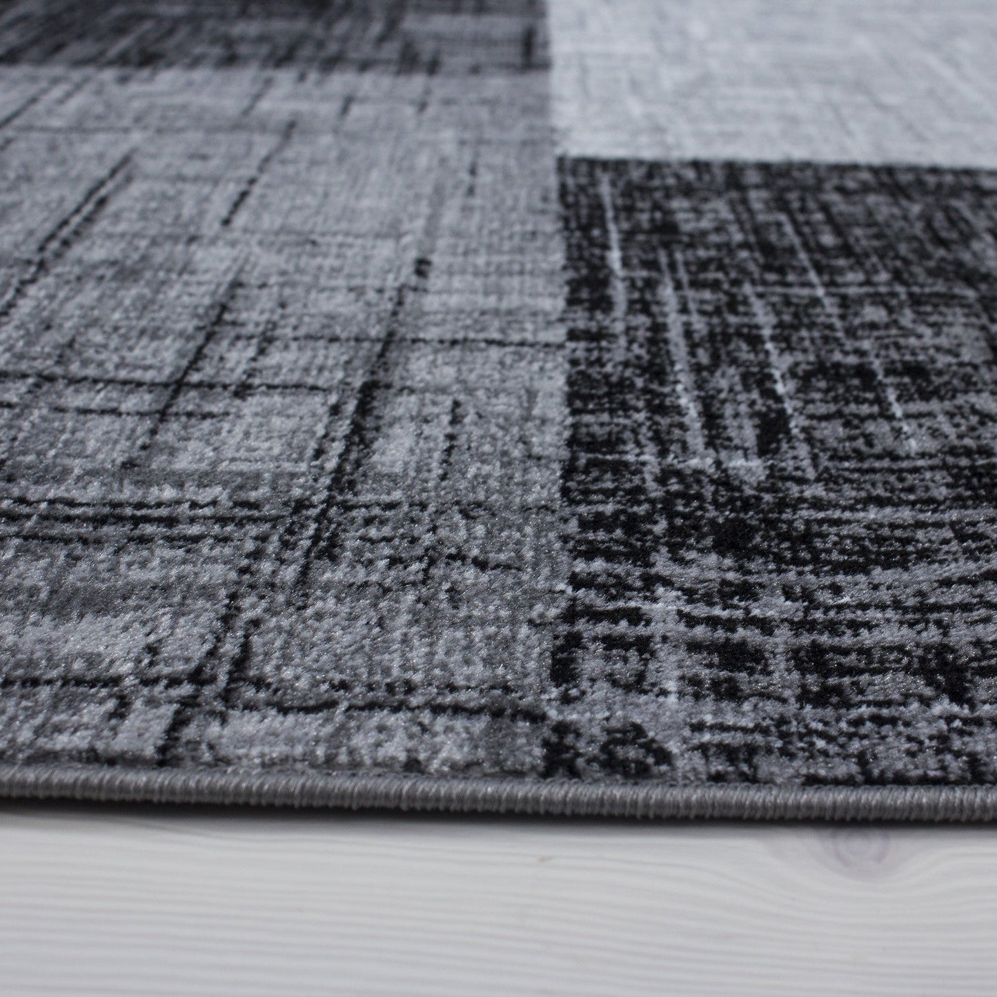 Designer Teppich Modern Kariert Muster Kurzflor Meliert Schwarz Grau Weiss