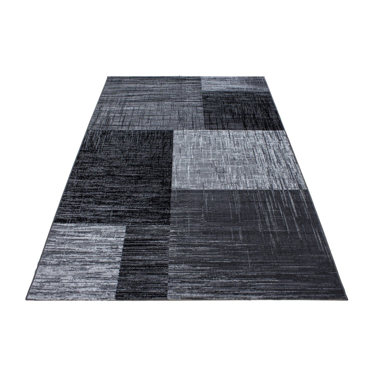 Designer Teppich Modern Kariert Muster Kurzflor Meliert Schwarz Grau Weiss