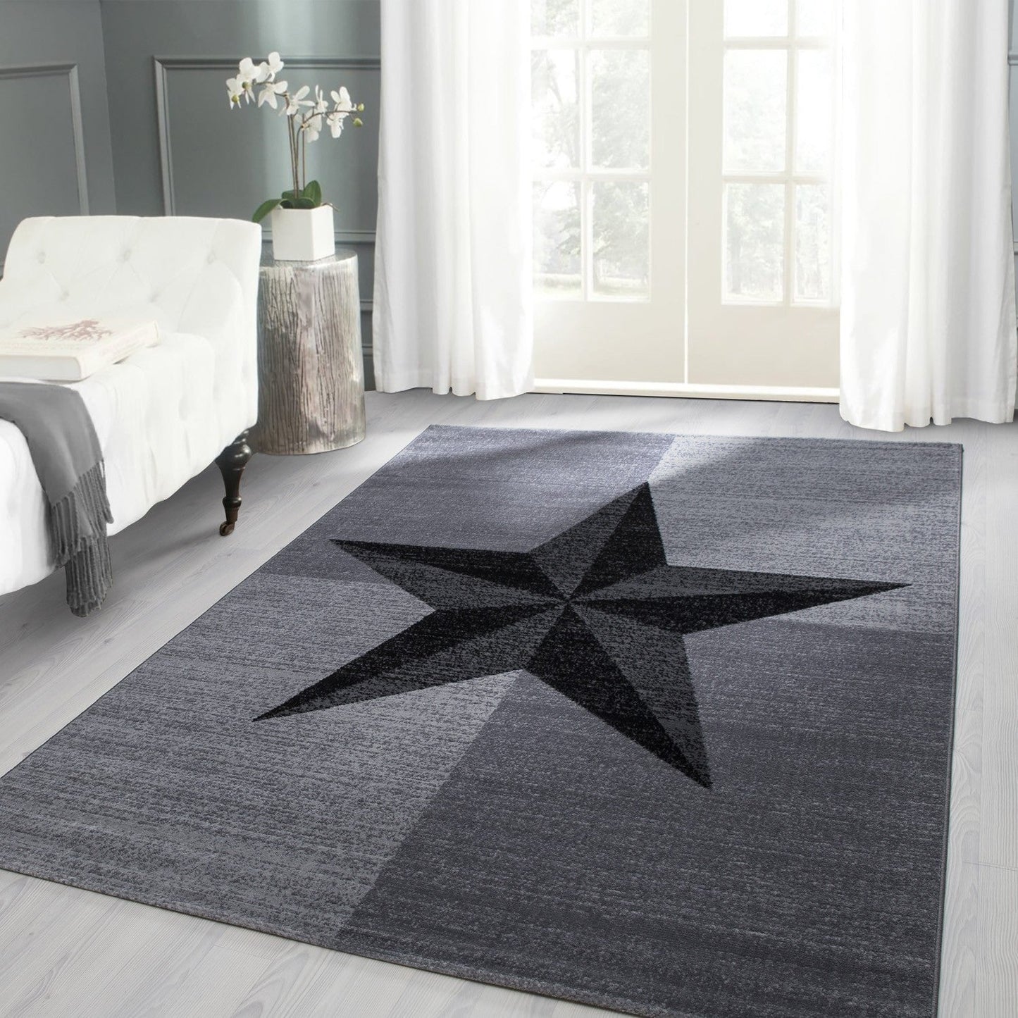 Designer Teppich Modern Stern Muster Kurzflor Meliert Schwarz Grau Turkis Weiss