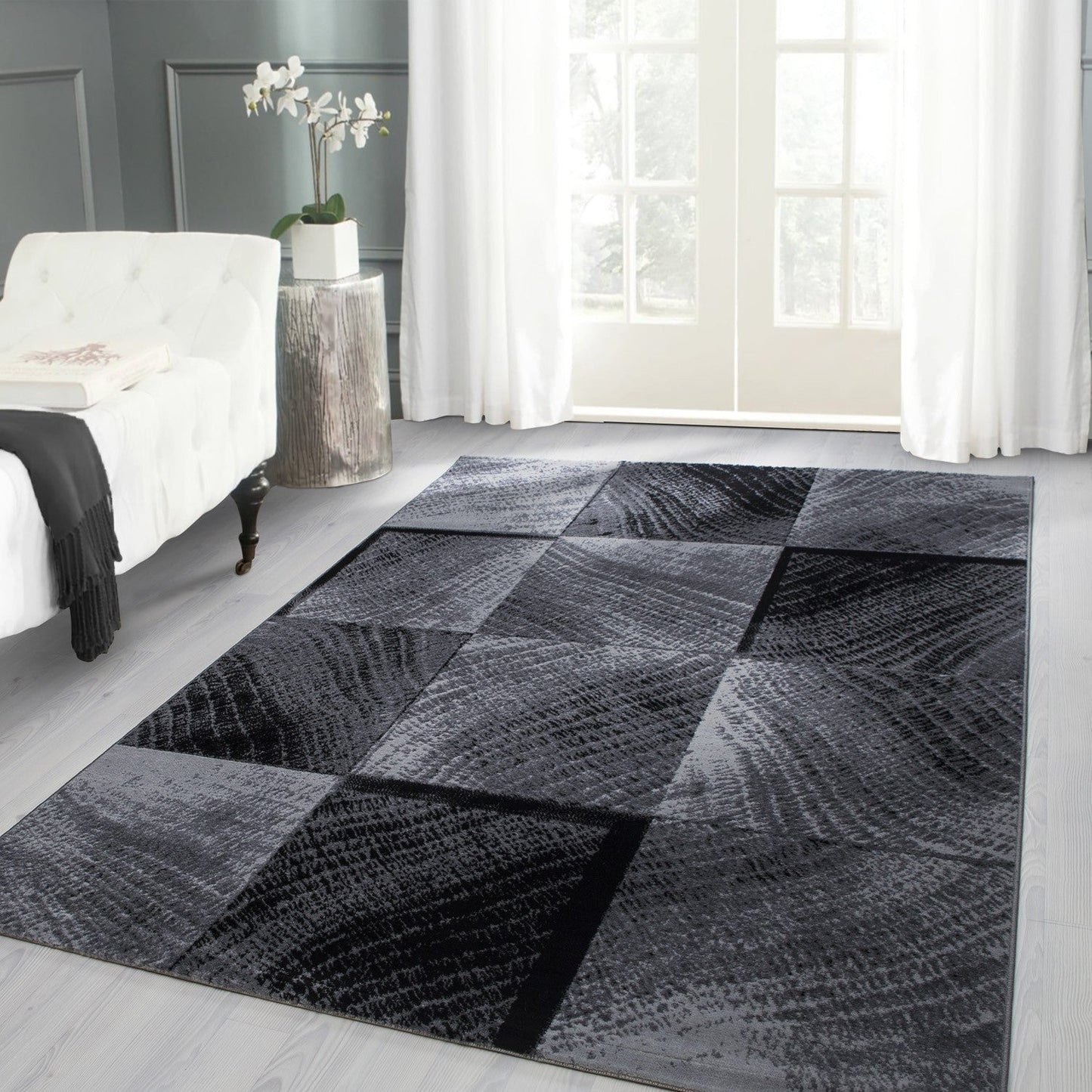 Moderner Designer Wohnzimmer Teppich kariert Wellenmotiv Plus 8003 Schwarz