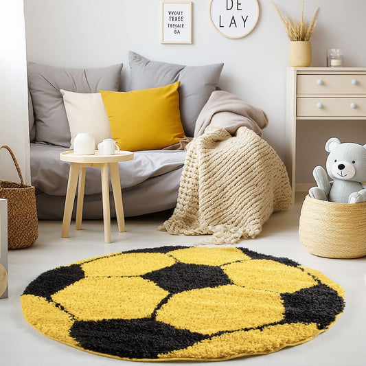 Kinderteppiche, Fußball-Design, Farbe Gelb, Teppich für Kinderzimmer, Rücken aus Jute