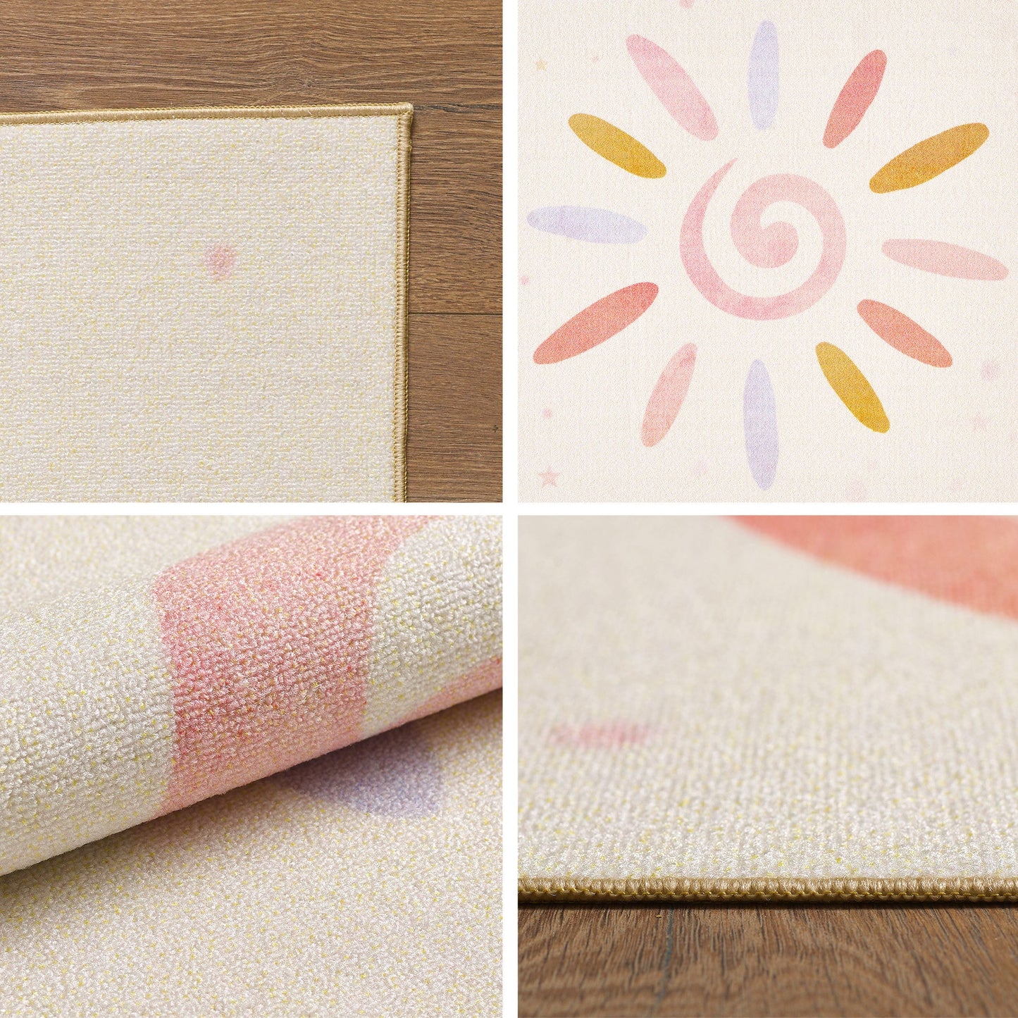 Kinderteppiche, Floral-Sonne, Farbe Creme, Teppich für Kinderzimmer, Rücken aus Latex