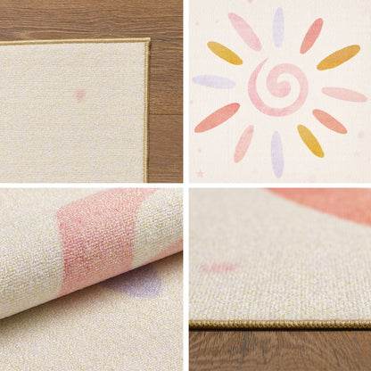 Kinderteppiche, Floral-Sonne, Farbe Creme, Teppich für Kinderzimmer, Rücken aus Latex