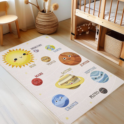 Kinderteppiche, Sonnensystem, Farbe Beige, Teppich für Kinderzimmer, Rücken aus Latex