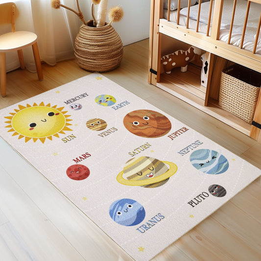 Kinderteppiche, Sonnensystem, Farbe Beige, Teppich für Kinderzimmer, Rücken aus Latex