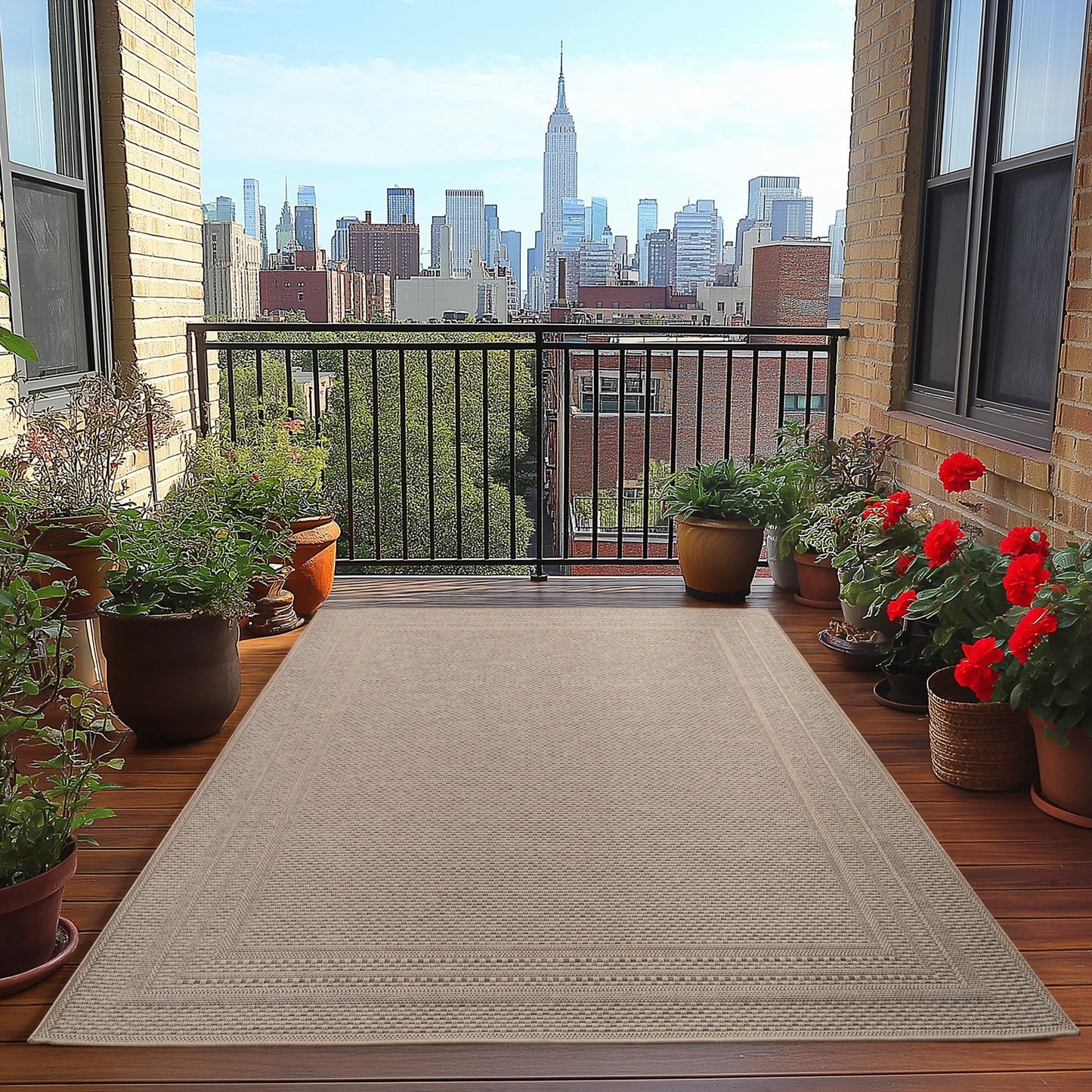 Outdoorteppiche Beige 8x25 cm Läufer, Wetterfest & UV-beständig, ideal für Küche, Balkon, Terrasse auch Wohnzimmer und Esszimmer, Einfarbiges Design mit Bordüre, Leicht zu Reinigen