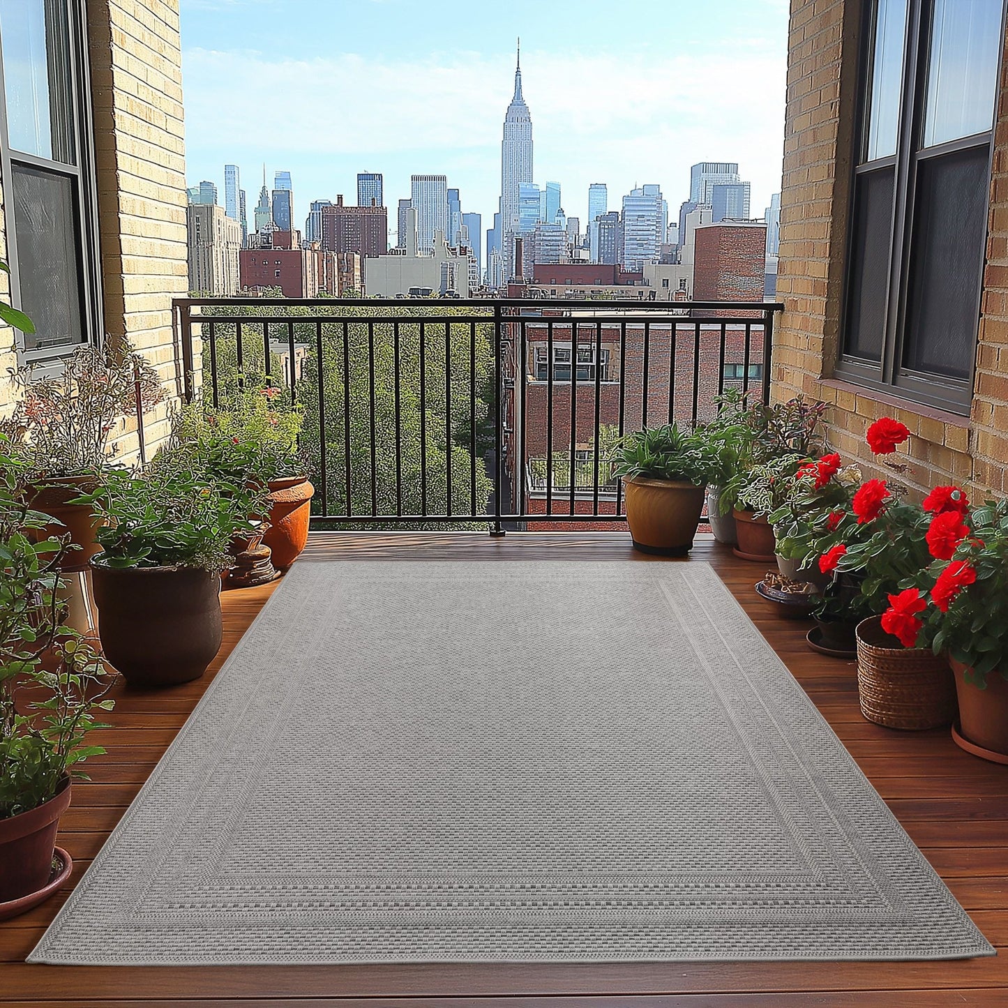 Outdoorteppiche Grau 8x25 cm Läufer, Wetterfest & UV-beständig, ideal für Küche, Balkon, Terrasse auch Wohnzimmer und Esszimmer, Einfarbiges Design mit Bordüre, Leicht zu Reinigen