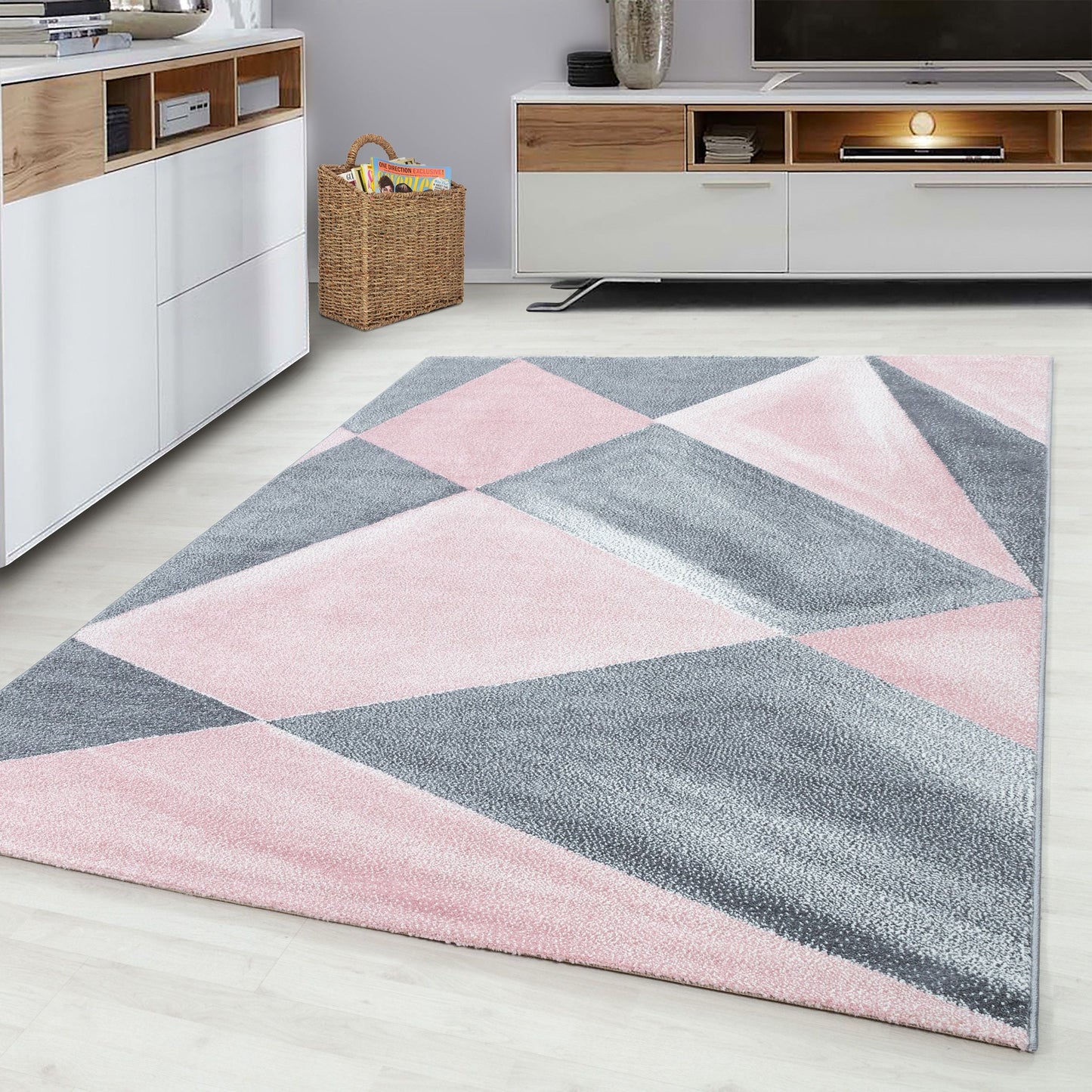 Kurzflorteppiche, Geometrisch Design, Farbe Pink, Teppich für Wohnzimmer, Rücken aus Jute