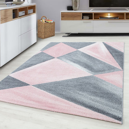 Kurzflorteppiche, Geometrisch Design, Farbe Pink, Teppich für Wohnzimmer, Rücken aus Jute