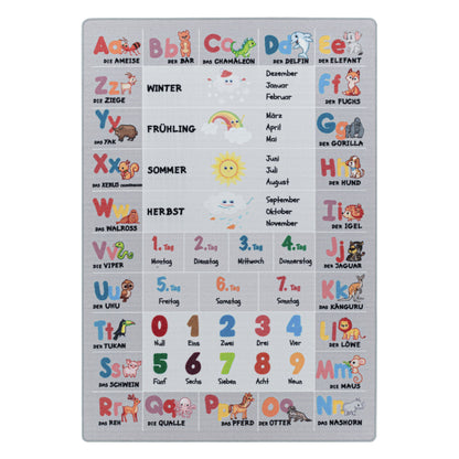 Kinderteppiche, Alphabet - Buchstaben - Zahlen - Tiere, Farbe Grau, Teppich für Kinderzimmer, Rücken aus Latex