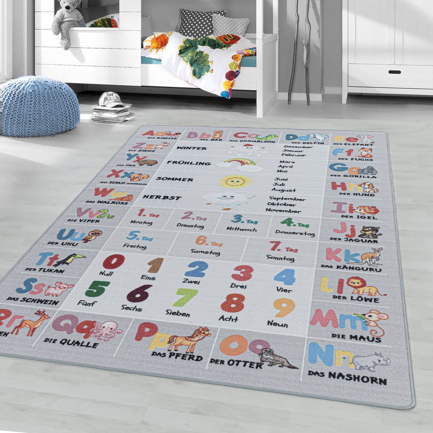 Kinderteppiche, Alphabet - Buchstaben - Zahlen - Tiere, Farbe Grau, Teppich für Kinderzimmer, Rücken aus Latex