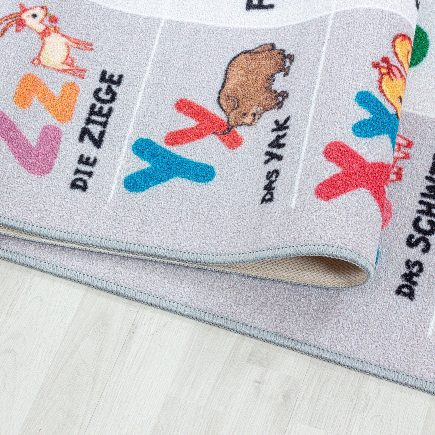 Kinderteppiche, Alphabet - Buchstaben - Zahlen - Tiere, Farbe Grau, Teppich für Kinderzimmer, Rücken aus Latex