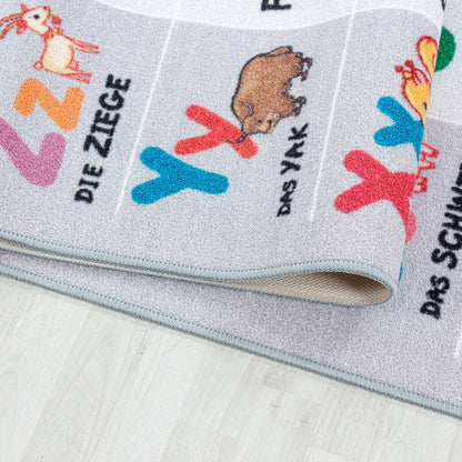 Kinderteppiche, Alphabet - Buchstaben - Zahlen - Tiere, Farbe Grau, Teppich für Kinderzimmer, Rücken aus Latex