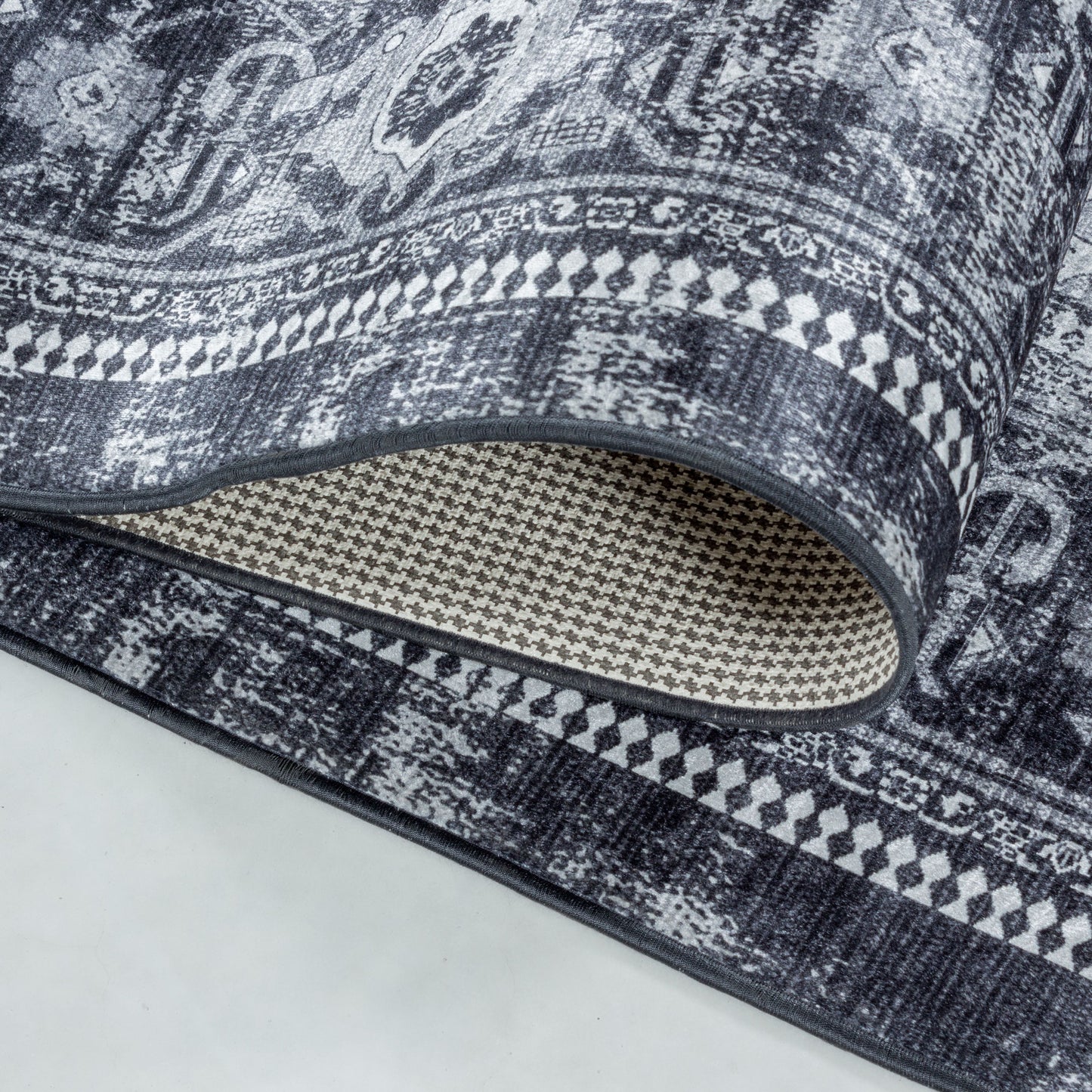 Waschbarer Teppich, Orientalisch Design, Farbe Schwarz, Teppich für Wohnzimmer, Rücken aus Canvas