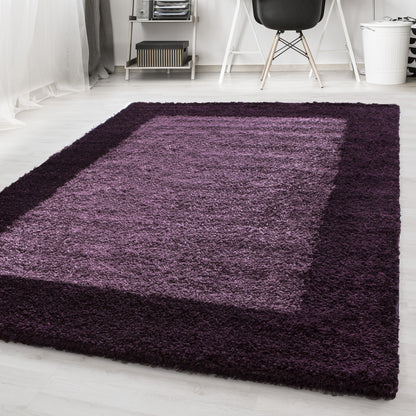Hochflorteppiche, Bordüre Design, Farbe Violett, Teppich für Wohnzimmer, Rücken aus Jute
