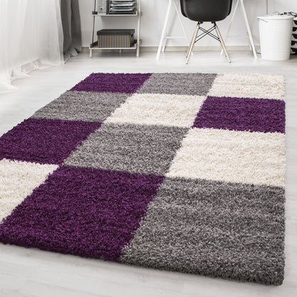 Hochflorteppiche, Kariert Design, Farbe Violett, Teppich für Wohnzimmer, Rücken aus Jute