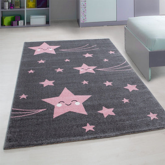 Kinderteppiche, Sterne-Design, Farbe Pink, Teppich für Kinderzimmer, Rücken aus Jute