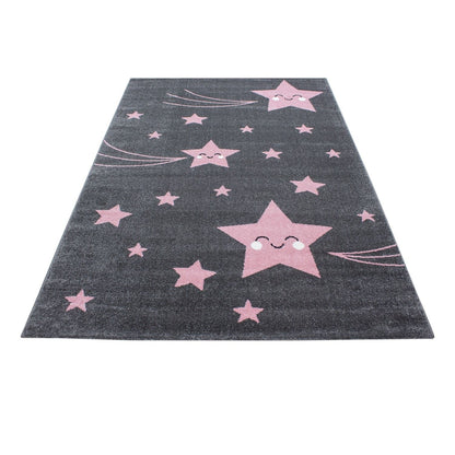 Kinderteppiche, Sterne-Design, Farbe Pink, Teppich für Kinderzimmer, Rücken aus Jute