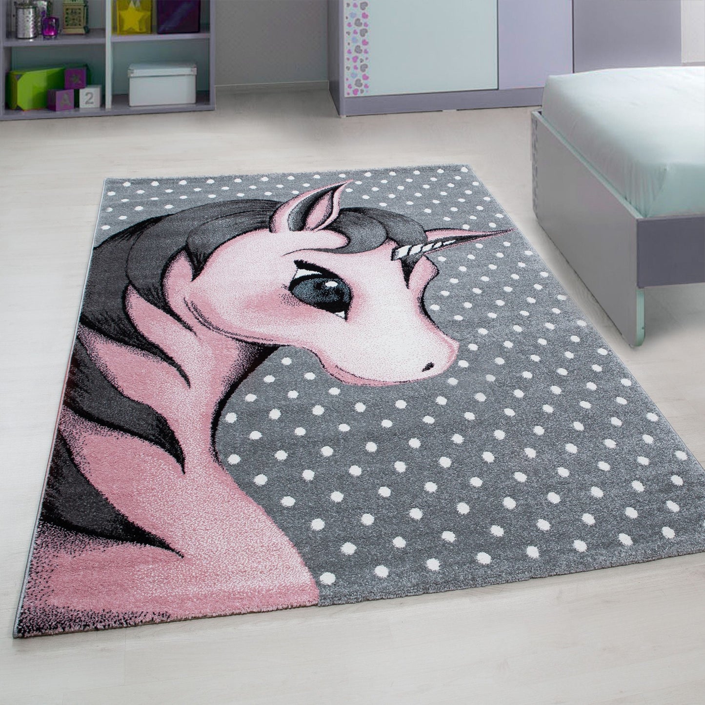 Kinderteppiche, Einhorn-Design, Farbe Pink, Teppich für Kinderzimmer, Rücken aus Jute