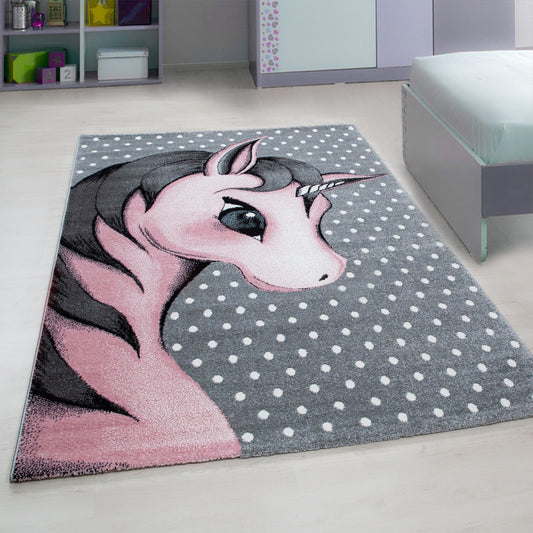 Kinderteppiche, Einhorn-Design, Farbe Pink, Teppich für Kinderzimmer, Rücken aus Jute