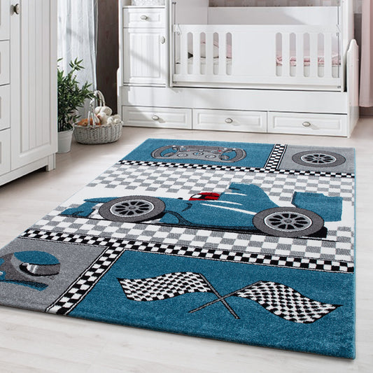 Kinderteppiche, Rennwagen, Farbe Blau, Teppich für Kinderzimmer, Rücken aus Jute