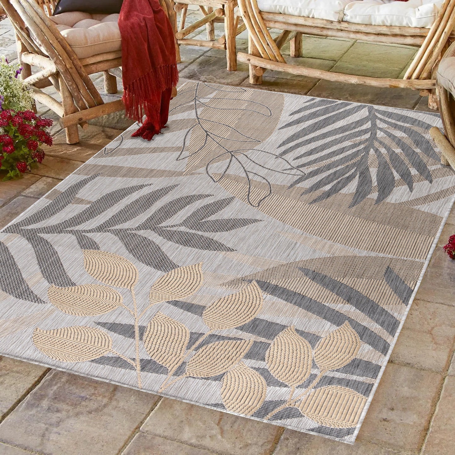 Outdoorteppiche, Palmen Design, Farbe Beige, Teppich für Terasse-Balkon-Küche, Rücken aus Polypropylen