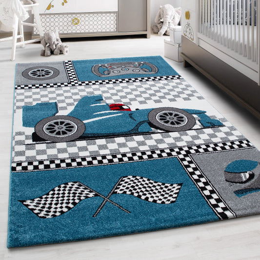 Kinderteppich Kinderzimmer Rennwagen Formel 1 Muster Blau Grau Weiß Schwarz