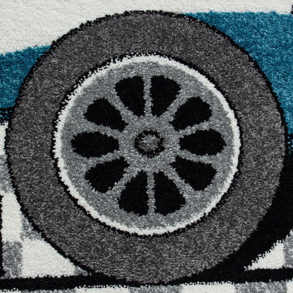 Kinderteppich Kinderzimmer Rennwagen Formel 1 Muster Blau Grau Weiß Schwarz