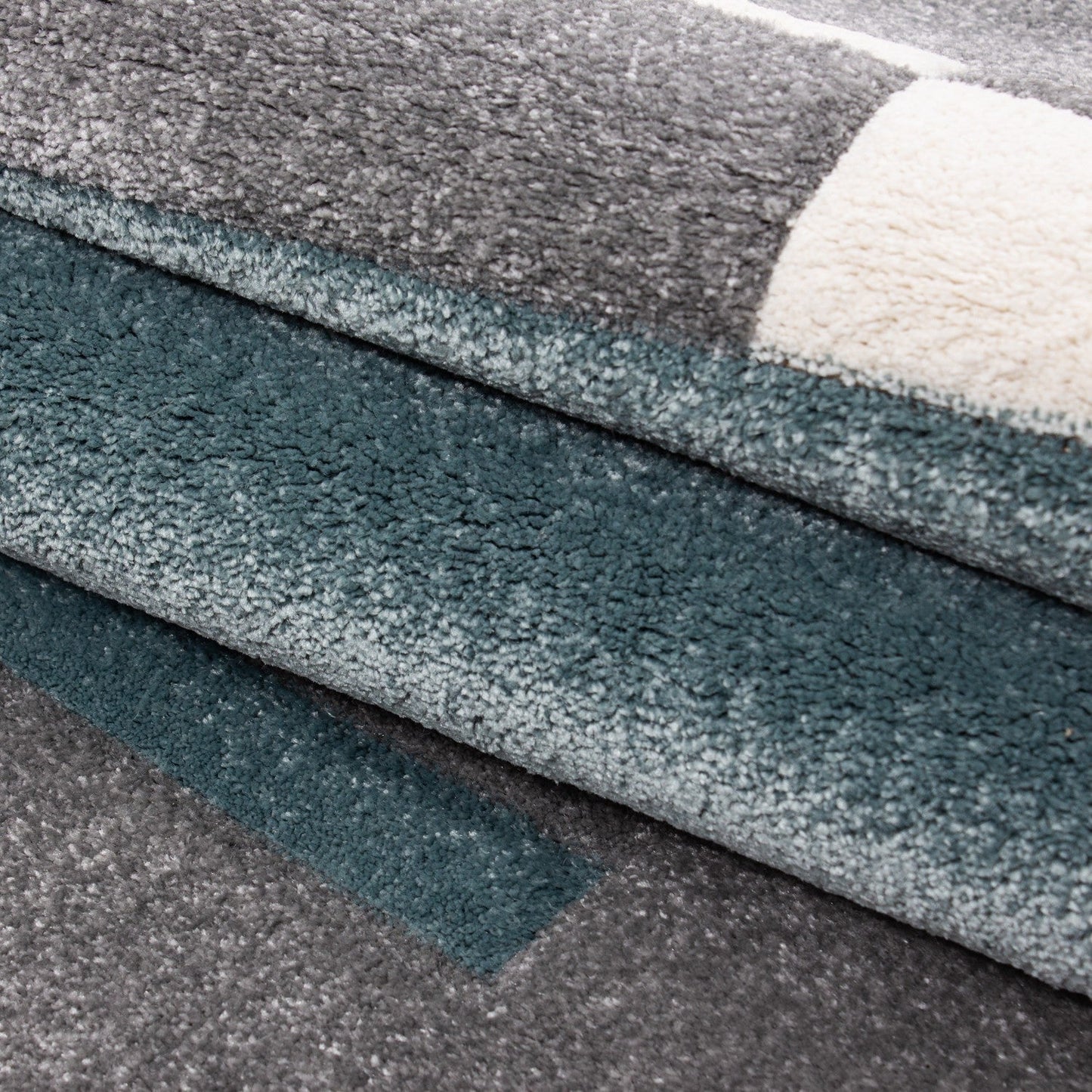 Designer Teppich Modern Kariert Linien Muster Konturenschnitt Grau Weiß Blau