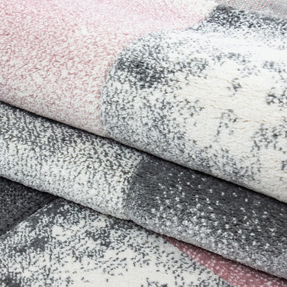 Designer Teppich Abstrakt Kariert Muster Konturenschnitt Grau Weiß Pink