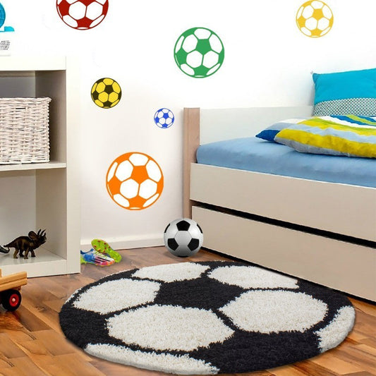 Kinderteppich für Kinderzimmer Fussball form Hochflor Teppich Schwarz-Weiss
